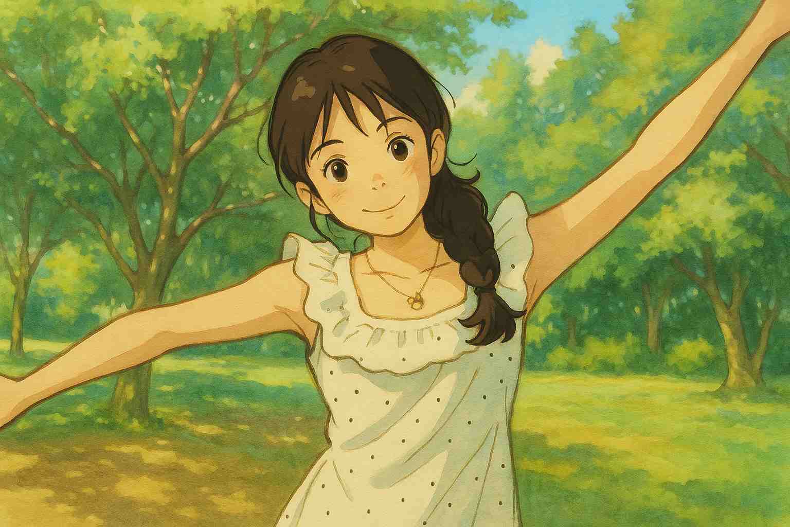 A beautiful woman taking a selfie in the Ghibli style forest