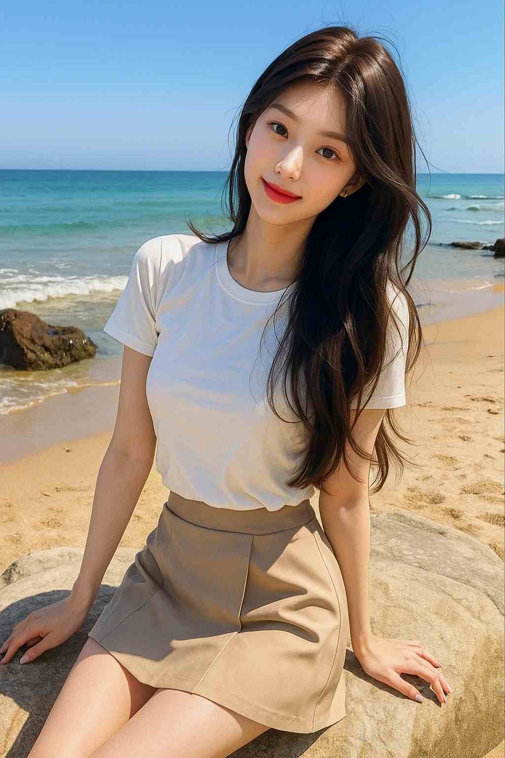 A pretty girl sitting by the seaside by herself