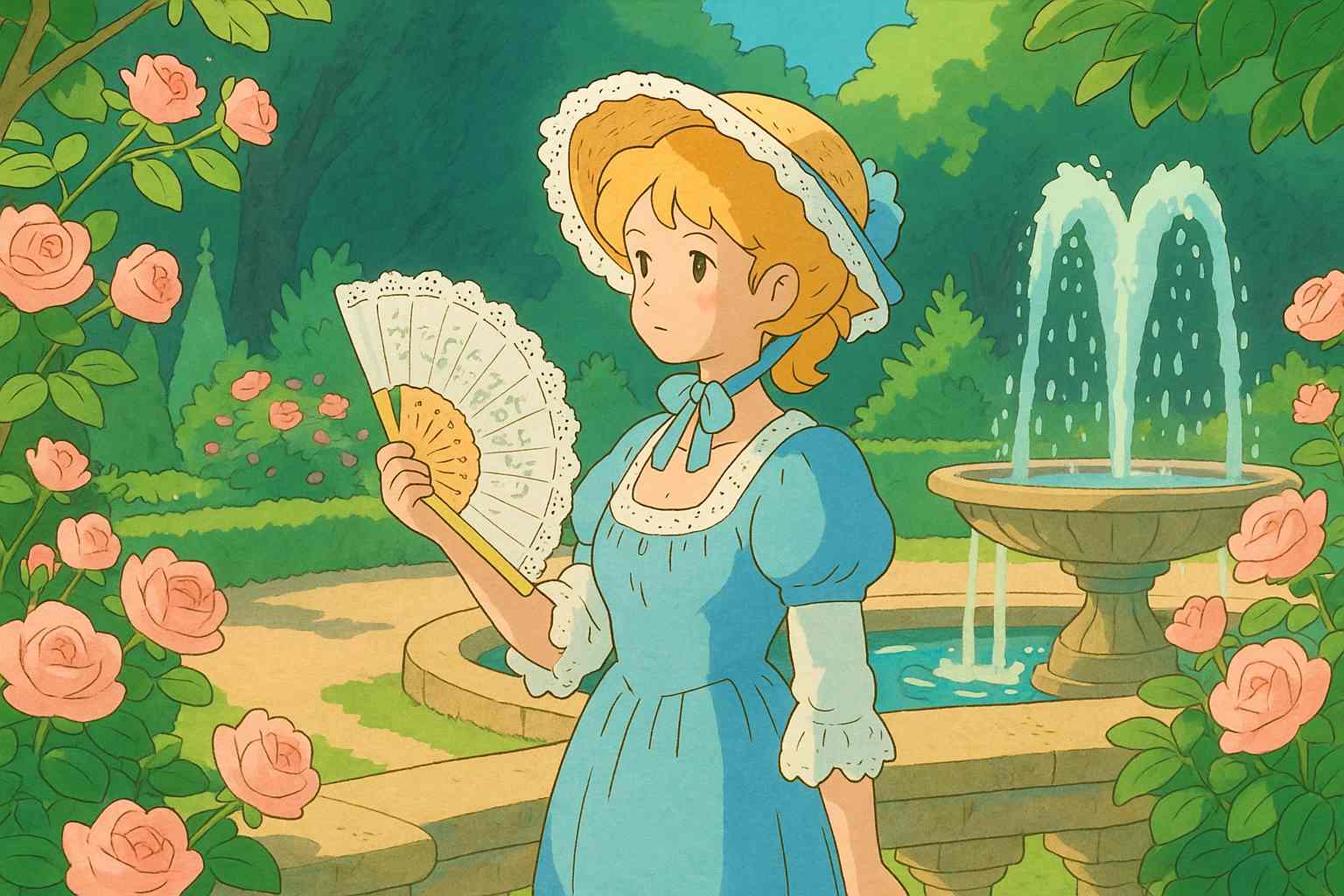 In the Studio Ghibli style estate, the princess holds a fan